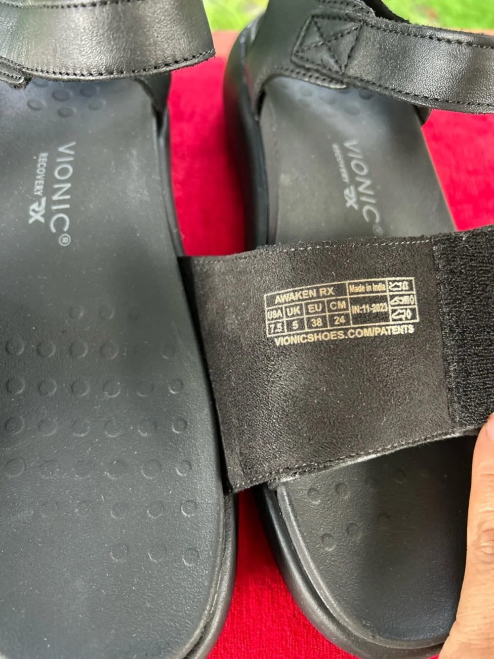 Vionic Black Leather Velcro Strap Sandals